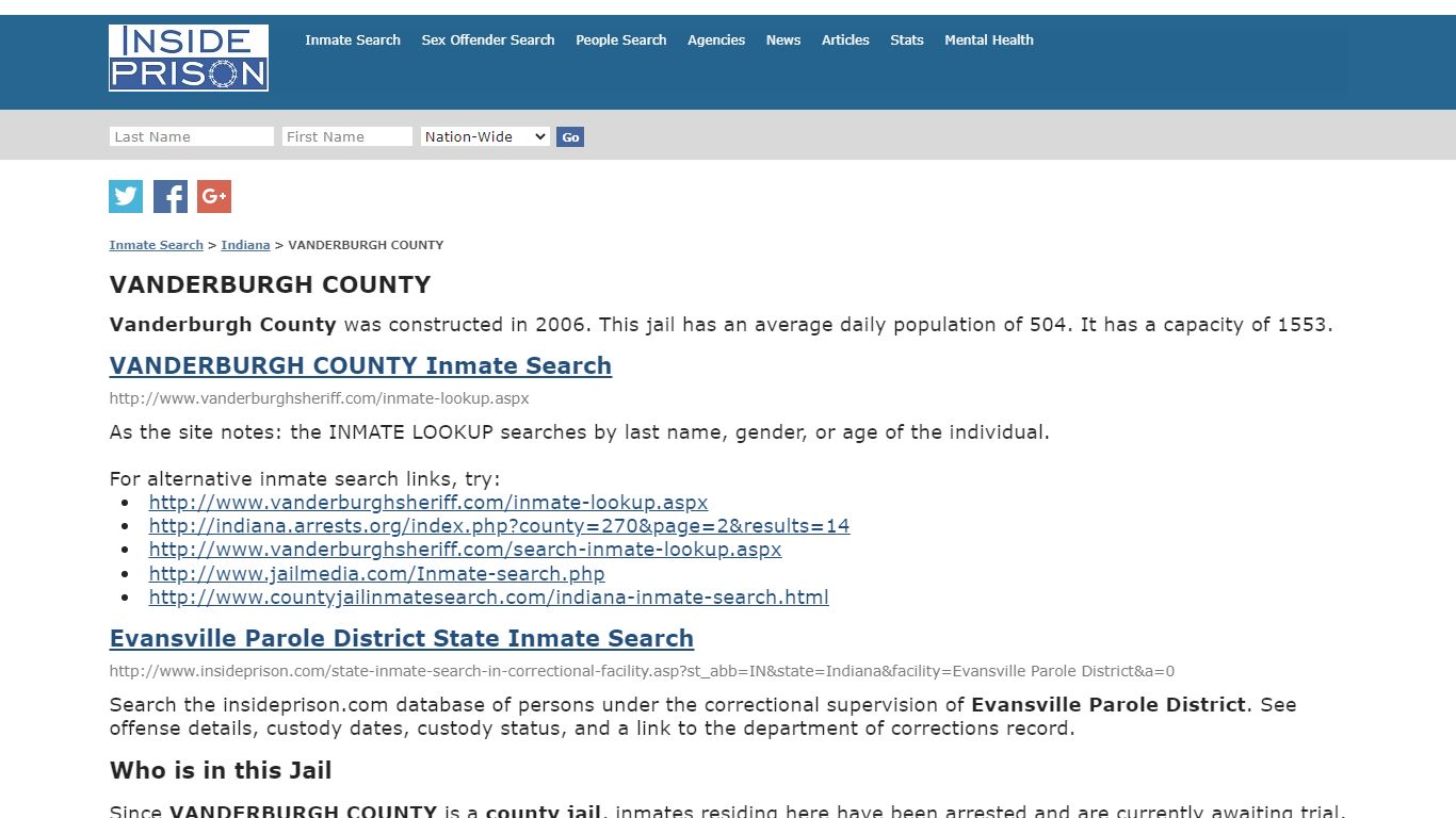 VANDERBURGH COUNTY - Indiana - Inmate Search